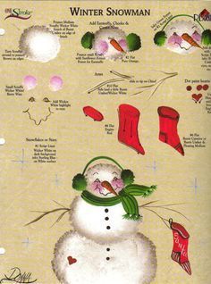 the snowman is wearing red boots and has green leaves on his head, with other things around him