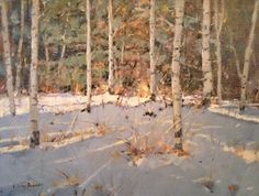 an oil painting of trees in the snow