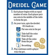 a blue and white poster with words describing how to play the dreiel game