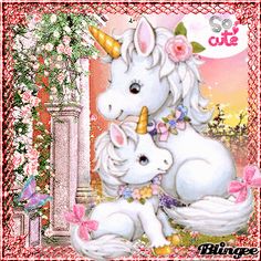 two white unicorns sitting next to each other on top of a pink background with flowers