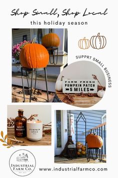 an advertisement with pumpkins, candles and other items for sale on the front porch