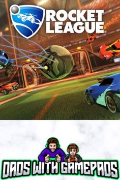 the rocket league logo and an image of two people in front of a stadium with cars