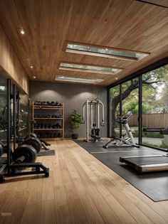 an exercise room with treadmills and other equipment