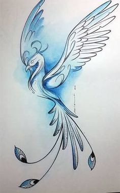 a drawing of a bird with blue wings and feathers on it's back side