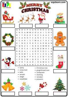 the christmas word search is shown in this printable worksheet for children to learn