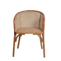 a wooden chair with wicker seat and armrests on an isolated white background