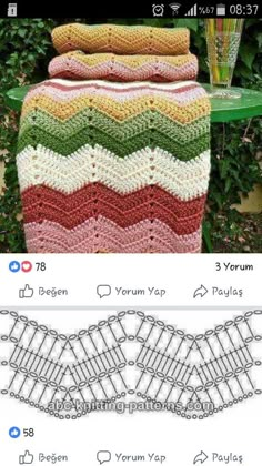 the crocheted blanket is next to an image of a table with a vase on it