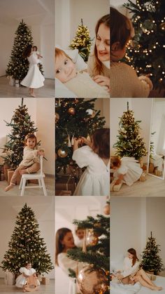 a woman holding a baby next to a christmas tree with other pictures around her and on the floor