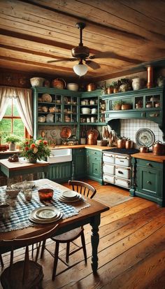 an old fashioned kitchen with green cabinets and wood flooring is pictured in this image