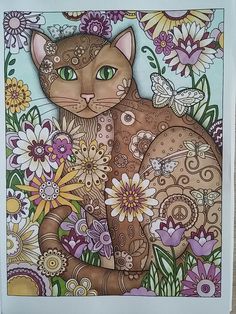 a drawing of a cat surrounded by flowers and butterflies