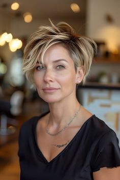 The Best Pixie Haircut Ideas of 2024 Choppy Asymmetrical Haircut, Pixie Hair Blonde Highlights, Very Short Hair Highlights, Curly Bixie Shag, Pixie Cut Blonde Highlights, Short Hairstyles Fall 2024, Blonde Streaks Short Hair, Blonde Long Pixie Haircut, Short Pixie Highlights