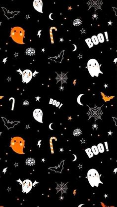 a black background with white and orange halloween items on it, including bats, ghostes, stars, and the words boo