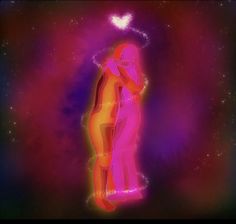 an image of a man and woman kissing in the night sky with hearts above them