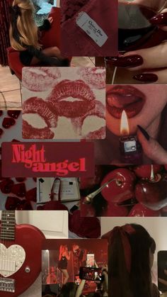 a collage of photos with red hearts and lipstick