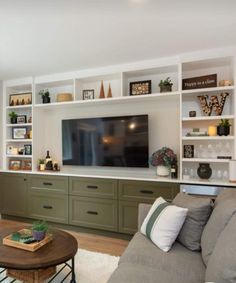 a living room filled with furniture and a flat screen tv mounted on a wall above it