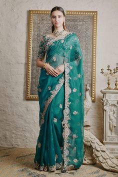 Buy #peacock #green saree with #floral embroidery & sequin detailing. Paired with back tassel tie up #blouse by #Prisho at #AzaFashions Shop online now at #Azafashions.com Call +91 8291990059 or email contactus@azafashions.com for enquiries. #wedding #festive #ethnic #tradional #shopping #shoponline #party #reception #bride Peacock Green Saree, Tie Up Blouse, Saree Wearing Styles, Simple Saree Designs, Indian Bridal Sarees, Fancy Sarees Party Wear, Indian Fashion Saree, Saree Designs Party Wear, Embroidered Saree