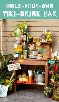 an outdoor tiki - drink bar with plants and potted plants on the outside