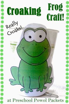 a green frog sitting on top of a cup with the words croaking frog crafts