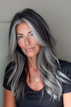 Annika Von Holdt, Long Grey Hair, Black And Grey Hair, Silver Hair Highlights, Scene Girl, Salt And Pepper Hair