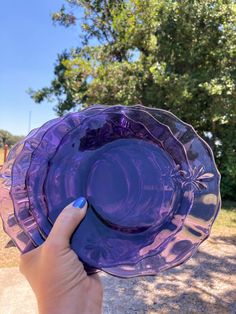 a person holding up a purple glass plate