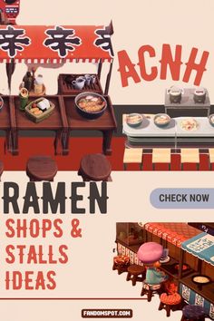 Fun ramen stall designs for Animal Crossing! Snag these adorable patterns and customizable design ideas to add onto your own little outdoor plaza, or to fit with a Japanese-themed area of your island. Acnh Food Stall Code, Animal Crossing Ramen Shop Codes, Ramen Stand Acnh, Animal Crossing Ramen Stall, Acnh Stall Custom Design Japanese, Acnh Ramen Shop Code, Acnh Japanese Festival Area, Animal Crossing Japanese Festival, Acnh Sushi Stall Design