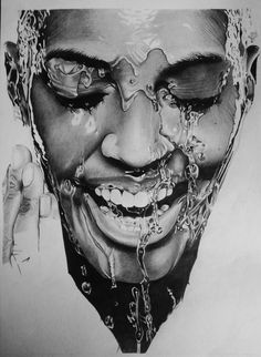 a drawing of a creepy clown with chains on his face