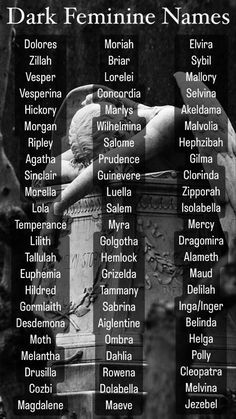 the names of dark feminine names in front of an image of a statue with many other names