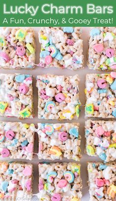 lucky charms rice krispy treats on a white plate with the words lucky charm bars