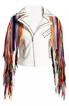 This white leather jacket features bold, multi-colored fringe detailing and edgy studded accents, adding a playful twist to its design. Free Shipping on all punk style women's studded leather jackets. Material: Crafted from 100% genuine leather with a soft polyester or satin lining, ensuring both durability and comfort. Vibrant Fringe: Dynamic, rainbow-colored fringe cascades down the arms and shoulders, creating bold movement and eye-catching color contrast. Punk Rock Studs: Silver-tone studs m Punk Style Women, Punk Leather Jacket, Rainbow Fringe, Classic Punk, White Leather Jacket, Punk Aesthetic, Fringe Leather Jacket, Azalea Wang, Faux Leather Moto Jacket