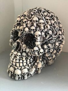 a group of skulls sitting next to each other on top of a white countertop