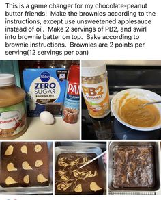 the ingredients for brownies are shown in this collage, including peanut butter and chocolate