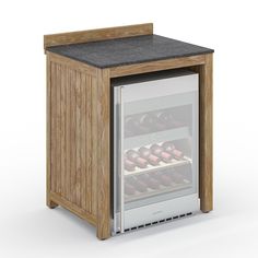 an open wooden wine cooler with several bottles in the door and one shelf full of wine