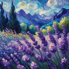 an oil painting of lavenders in the mountains with clouds and stars above them,