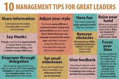 a poster with the words 10 management tips for great leaders in different colors and styles