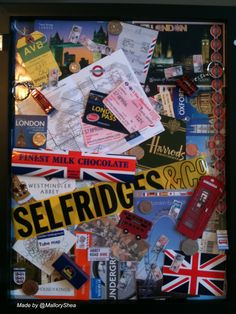 a collage of british symbols and stickers on a glass door with the words selfridges