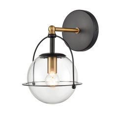 an image of a light fixture with glass globe on the front and metal rod around it