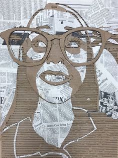 a paper cut out of a man with glasses and newspaper clippings on it