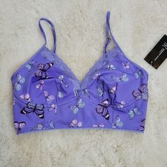 Purple Butterfly Print Bra/ Bralette, Size Small, Beautiful Print Purple Fitted Bra With Adjustable Straps, Summer Underwire Bra In Purple, Purple Underwire Summer Bra, Fitted Purple Bra With Adjustable Straps, Purple Underwire Bra For Summer, Summer Purple Underwire Bra, Summer Fitted Purple Bra, Fitted Purple Bra For Summer, Fitted Lavender Bra For Spring