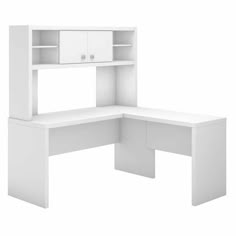 a white desk with a hutch on the top and shelves above it, in front of a white background