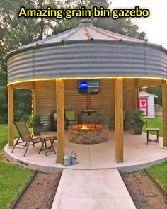 Grain Bin Gazebo Grain Bin House, Farmhouse Addition, Silo House, Grain Silo, Outdoor Gazebo, Outdoor Pavilion, Backyard Gazebo, Backyard Pavilion, Yard Project