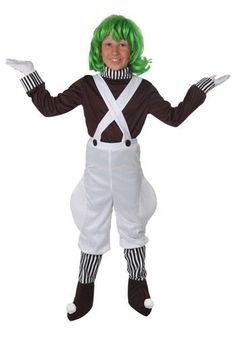 a man dressed as a clown with green hair and white overalls, standing in front of a white background