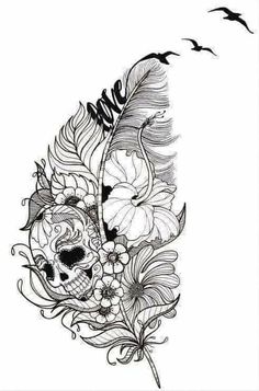 a black and white drawing of a skull with flowers on it's head, surrounded by birds