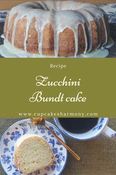 a bundt cake with icing on top and a cup of coffee next to it