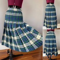 "1940s plaid wool skirt in collegiate style, with pleats going all the way around. Metal zipper and button at left side,  Condition: excellent  Labels/tags: none Measurements: taken flat -waist  24-25\" -hip 18\" taken seam to seam -overall length 28\" *To ensure a great fit, we recommend comparing the measurements above to a similar garment you own and love to wear, as sizing varies across the decades.  *All of my pieces are vintage and may have some wear. I will show or mention defects in the photos and/or the description. Please reach out for clarification or more pictures. Welcome to The Darning Darling Shop! My store is new to Etsy, and I am excited to offer you amazing new vintage finds. Thank you for shopping and please reach out if you have any questions! If you are in the YYC area Plaid Wool Skirt, Kilt Skirt, Collegiate Style, Wool Skirt, Wool Skirts, Cream Dress, Metal Zipper, Wool Plaid, Vintage Wool