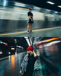 two photos one with a woman and the other with a red hat