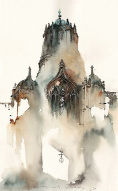 watercolor painting of a building with spires on top in the middle of fog