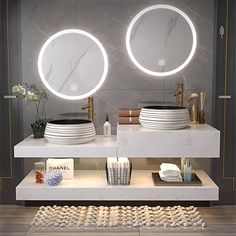 a bathroom with two sinks and mirrors on the wall next to plates, cups and vases