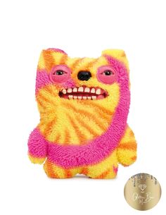 a yellow and pink stuffed animal with big eyes