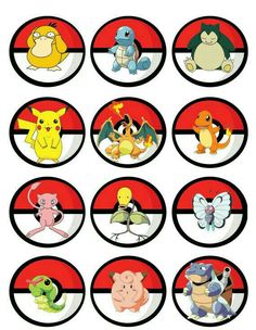 pokemon cupcake toppers are shown in red, white and black with images of pikachu