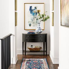 Newport Demilune | Tables | Ballard Designs Top Of Stairs Decor, Minnesota Decor, Enter Room, Small Entry Tables, Landing Decor, Apartment 2023, Small Entryway Table, European Chic, Foyer Ideas Entryway